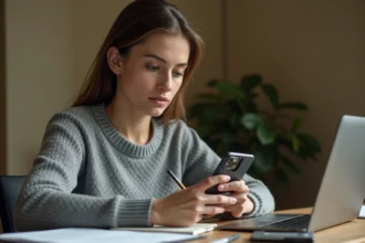 Femme documentant des appels téléphoniques harcèlement numéro 0424 dans un carnet avec son smartphone