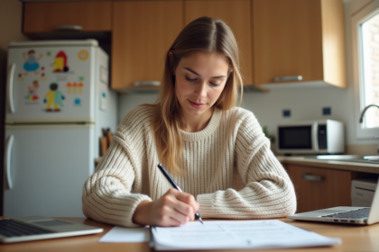 Femme d une trentaine d années remplissant des papiers dans la cuisine