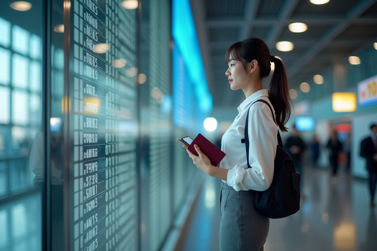 Jeune femme regardant le tableau des taux de change à l aéroport