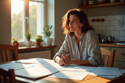 Femme française organisée à la cuisine avec papiers