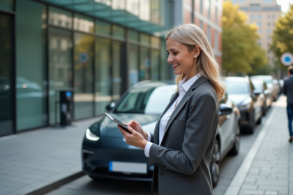 Femme d'âge moyen avec voiture hybride urbaine