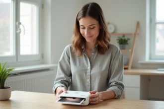 Femme tenant une imprimante photo portable au-dessus d'un bureau en bois clair avec une photo fraîchement imprimée entre les mains