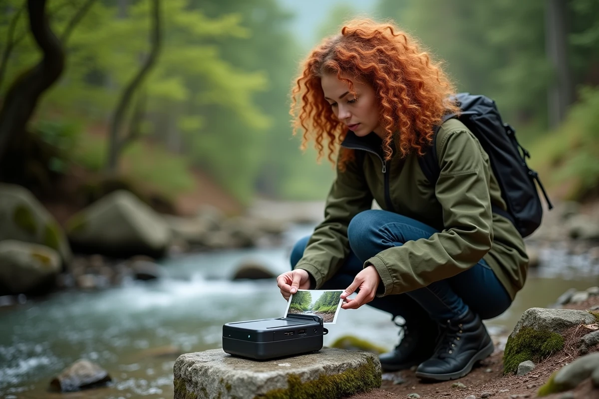 Jeune femme en veste outdoor connectant son smartphone à une imprimante photo portable posée sur un rocher au bord d'une rivière