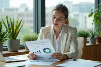 Femme en bureau examinant un portefeuille d'investissements durables