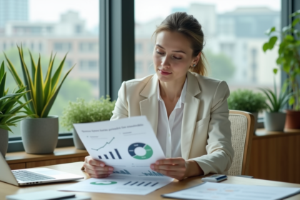 Femme en bureau examinant un portefeuille d'investissements durables