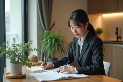 Jeune femme japonaise en costume calculant ses dépenses