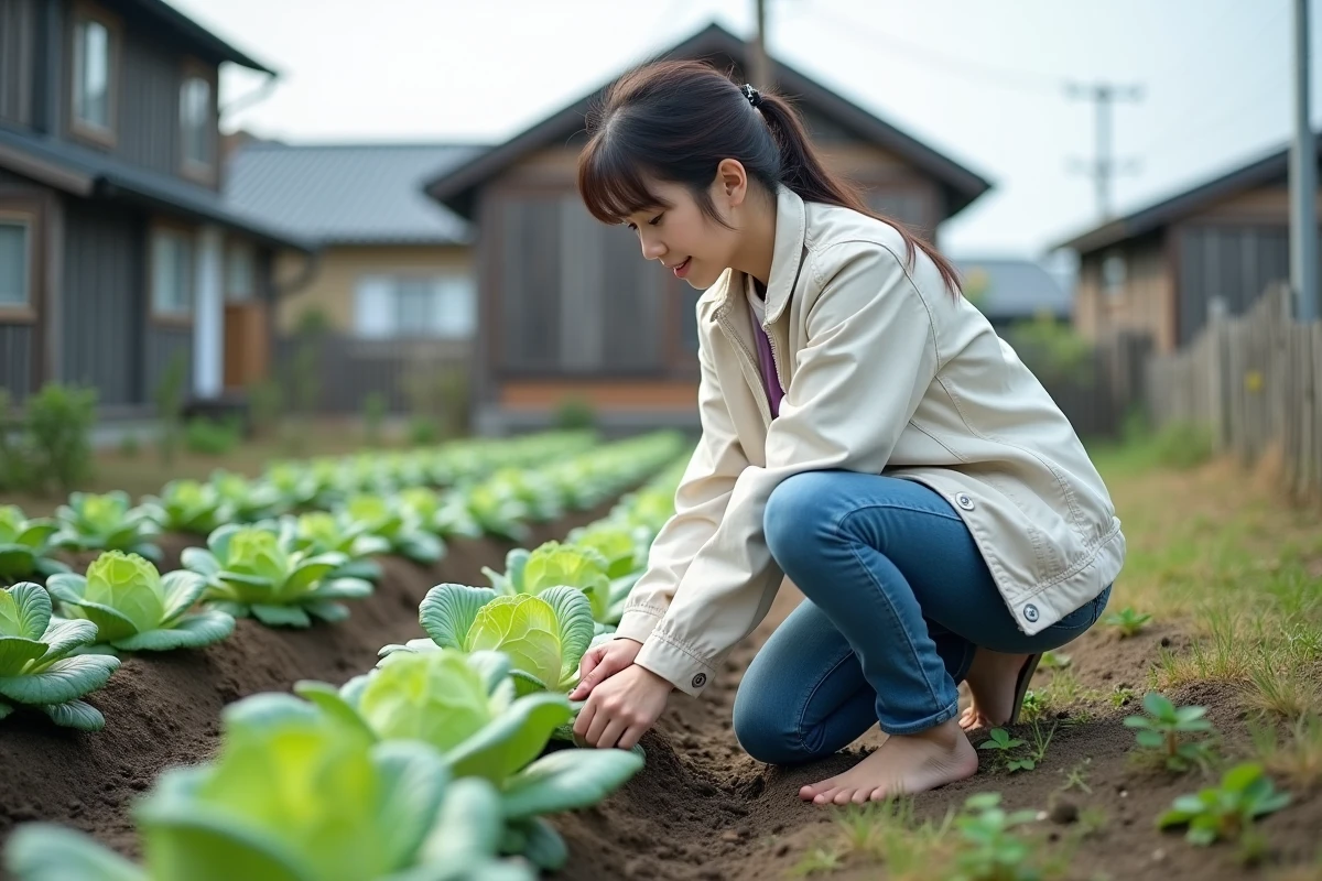 Jeune femme japonaise cultivant un jardin de légumes à Fukushima