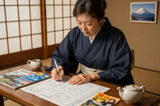 Femme japonaise résolvant des mots croisés avec une photo du mont Fuji en arrière-plan