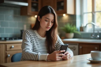 Jeune femme concentrée sur son smartphone dans la cuisine