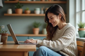 Femme souriante jouant en ligne dans sa cuisine chaleureuse