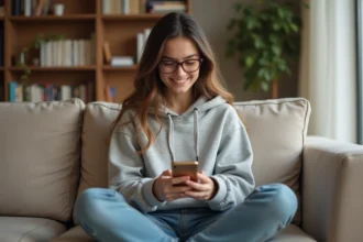Jeune femme jouant à Monopoly GO sur smartphone pour collecter des liens de dés gratuits