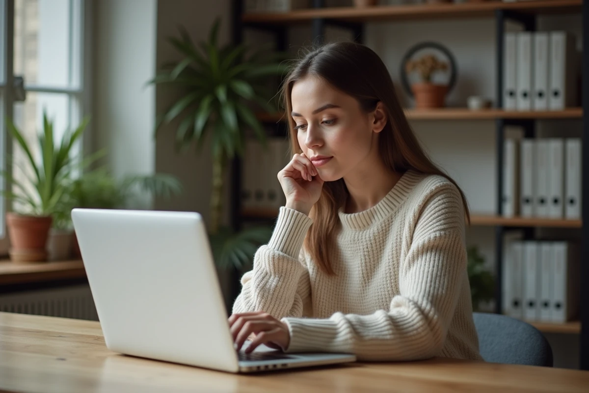 Jeune femme regardant son historique ChatGPT dans un bureau cosy