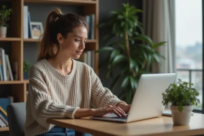Femme assise à son bureau regardant son ordinateur portable