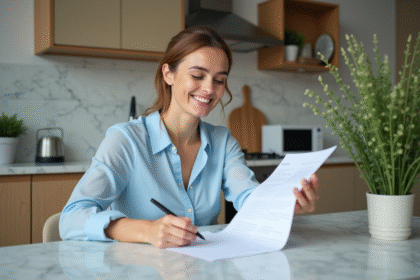 Femme souriante en cuisine examinant des documents