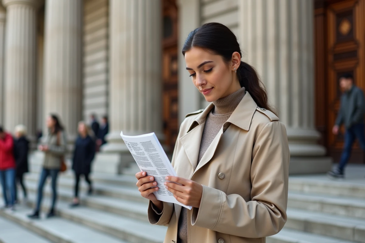Jeune femme lisant un document sur le droit public devant un palais de justice classique