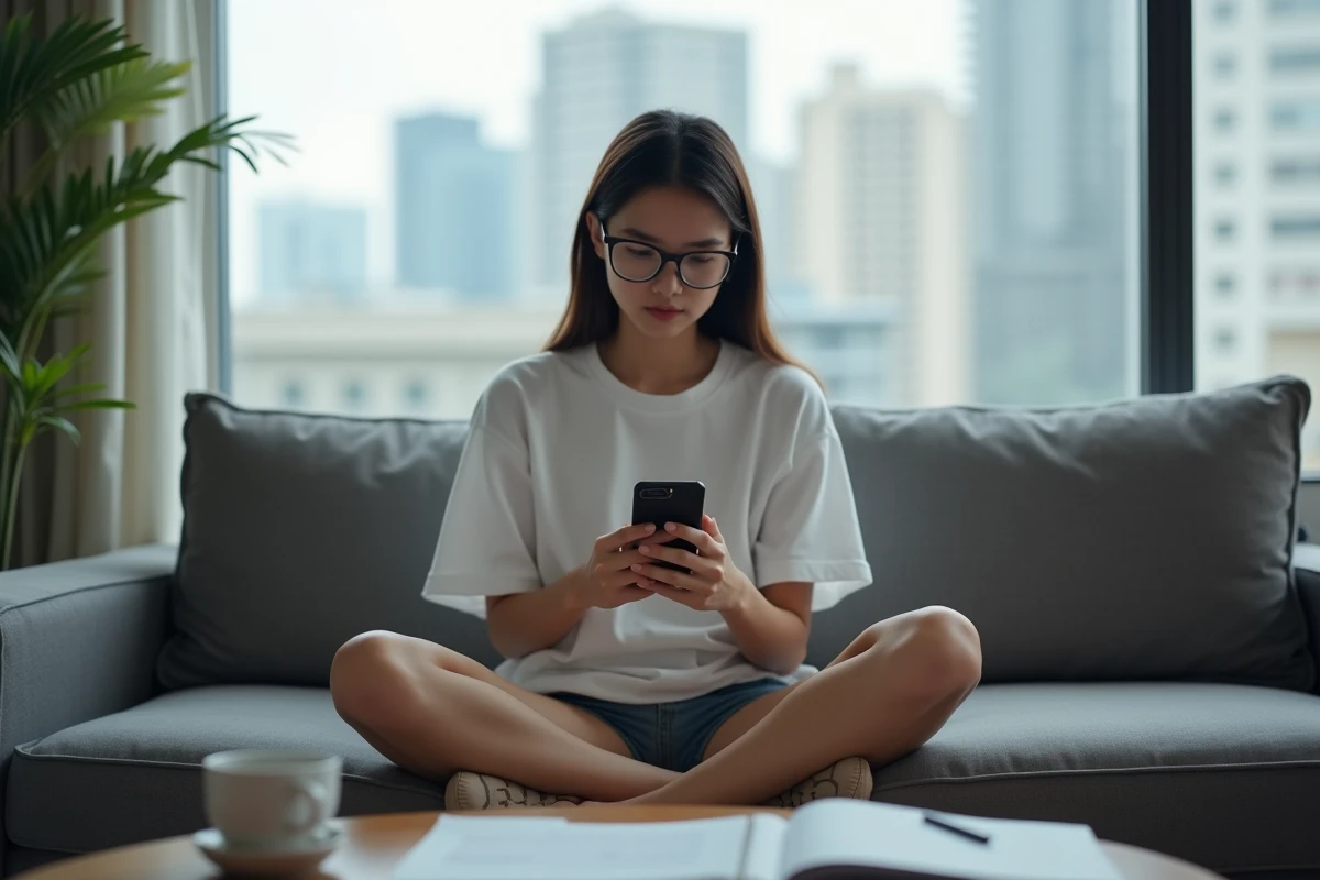 Jeune femme consultant un scan One Piece sur smartphone dans un appartement, risques liés aux sites illégaux de lecture manga