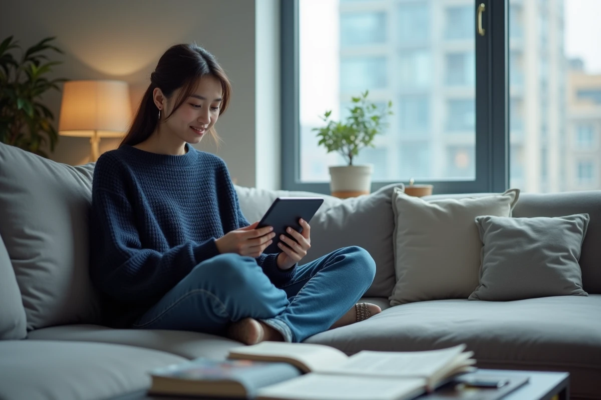 Jeune femme parcourant des scans de manga One Piece sur une tablette dans un salon moderne et minimaliste