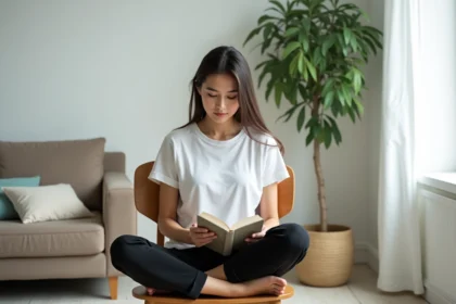 Jeune femme lisant un livre dans un salon épuré