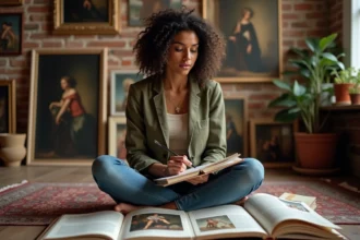 Femme explorant une liste de peintres célèbres dans des livres d'art pour enrichir sa culture artistique