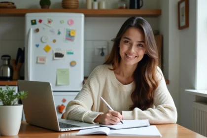 Femme organisée avec calendrier 2026 dans une cuisine lumineuse