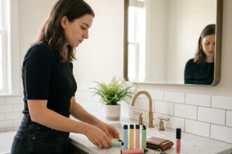 Jeune femme organisant ses puffs, portefeuille et clés sur une commode en marbre avant de sortir le soir