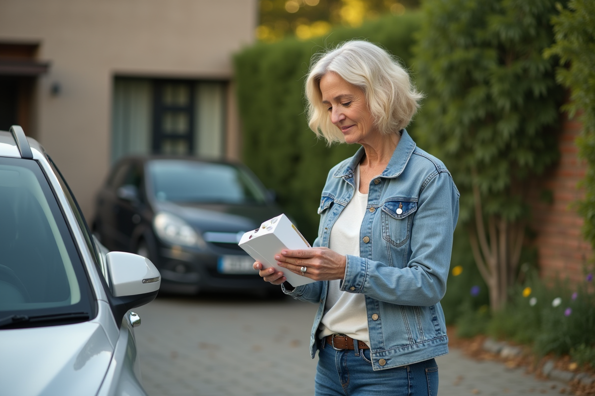 Femme tenant un silent bloc devant sa voiture en extérieur