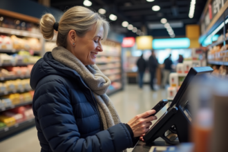 Femme souriante utilisant son smartphone au supermarche