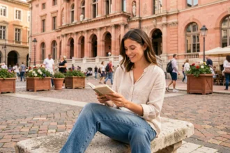 Femme lisant un livre sur la Place du Capitole à Toulouse par une belle journée ensoleillée