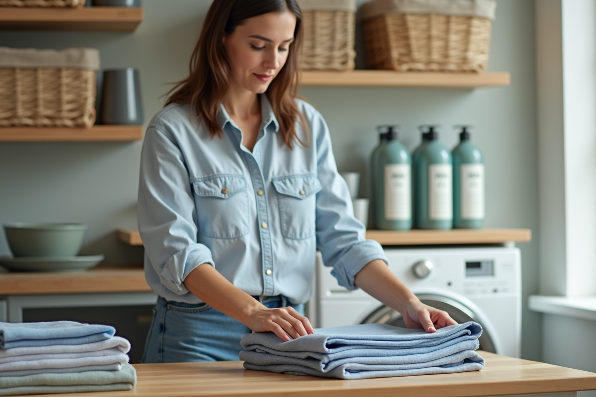 Femme plie un linge dans une buanderie lumineuse