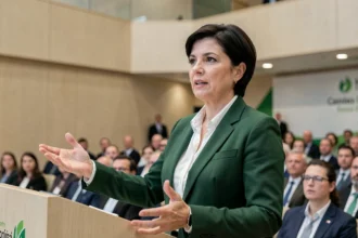 Femme politique spécialisée en écologie prenant la parole lors d'une conférence politique environnementale en France