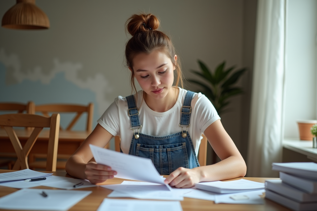 Jeune femme en overalls vérifiant ses papiers de travaux