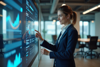 Jeune femme professionnelle utilisant un écran tactile moderne