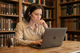 Femme consultant Wikipédia sur un ordinateur portable dans une bibliothèque pour rechercher les origines d'une personnalité publique