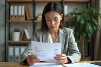 Femme en blazer gris relisant une facture de 2500 euros à son bureau à domicile, stylo en main