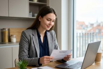 Jeune femme réfléchissant à son premier salaire à la maison