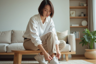 Jeune femme assise en blanc et beige dans un salon moderne