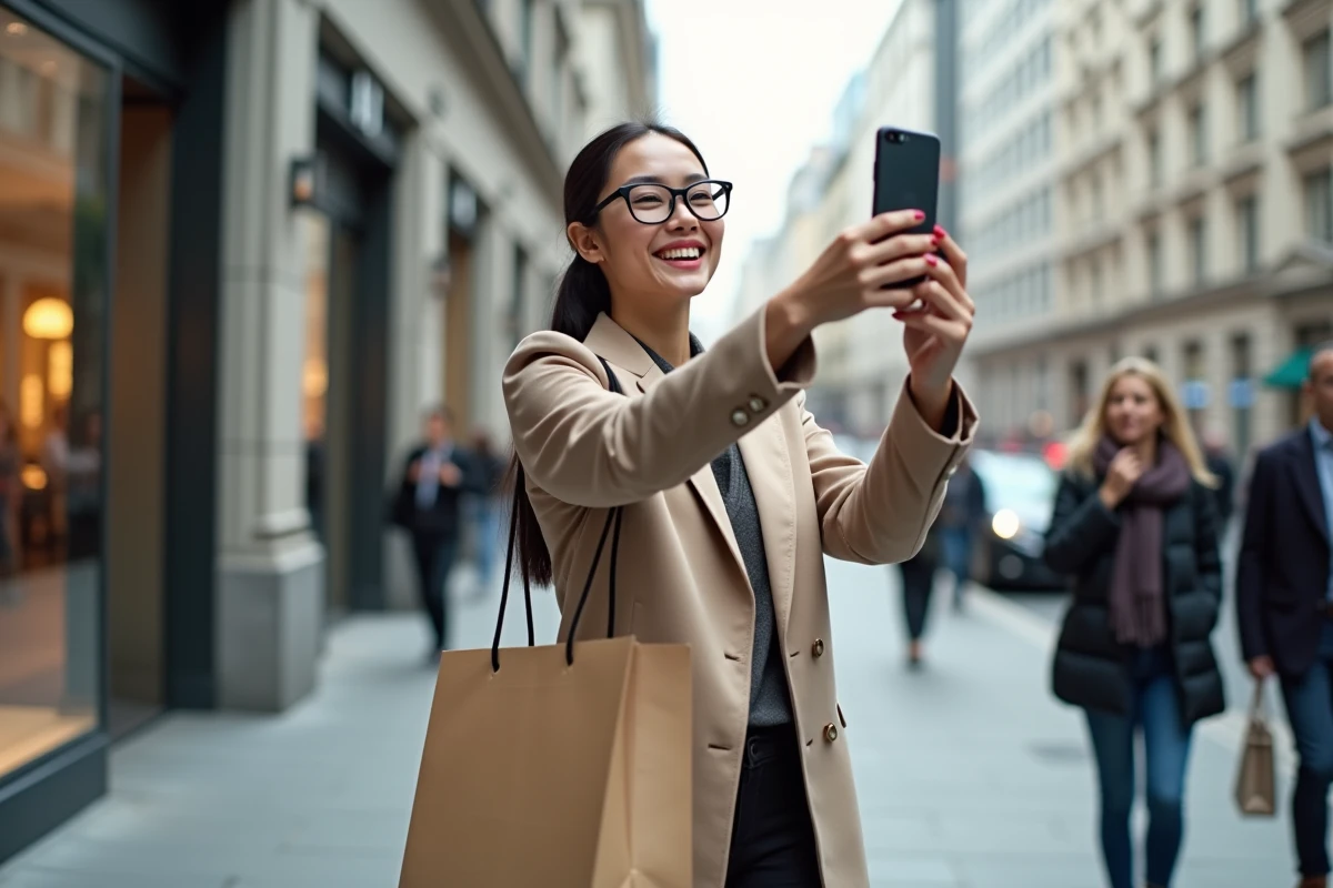 Jeune femme prenant un selfie avec sacs shopping en ville