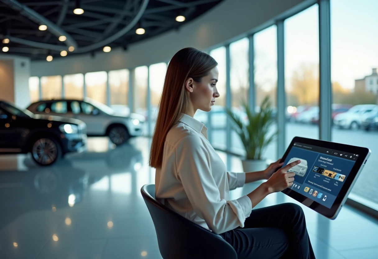 Jeune femme dans un showroom utilisant un écran tactile
