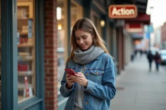 Jeune femme dans une rue de petite ville vérifiant son smartphone