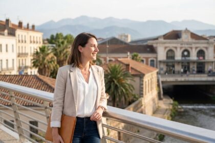 Femme souriante en tenue décontractée sur un pont à Perpignan