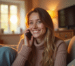 Jeune femme souriante tenant un smartphone dans un salon chaleureux