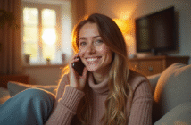 Jeune femme souriante tenant un smartphone dans un salon chaleureux
