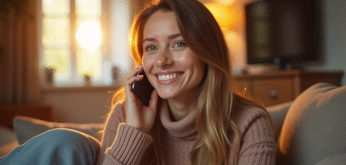 Jeune femme souriante tenant un smartphone dans un salon chaleureux