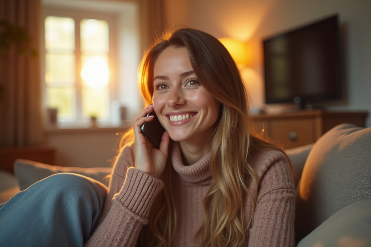 Jeune femme souriante tenant un smartphone dans un salon chaleureux
