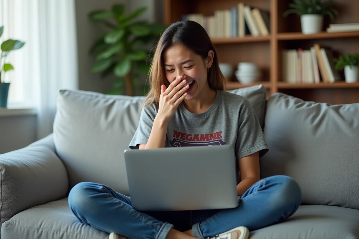 Jeune femme surprise en découvrant son temps total passé sur League of Legends via un site de statistiques