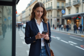 Jeune femme urbaine vérifiant son smartphone à un arrêt de bus