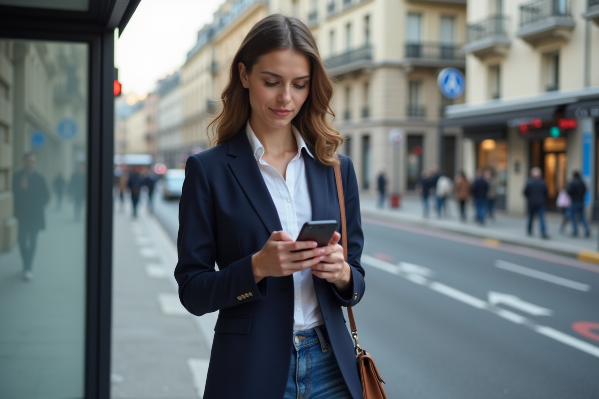 Jeune femme urbaine vérifiant son smartphone à un arrêt de bus