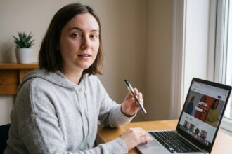 Jeune femme consultant un site de vente d'occasion de cigarettes électroniques sur son ordinateur portable