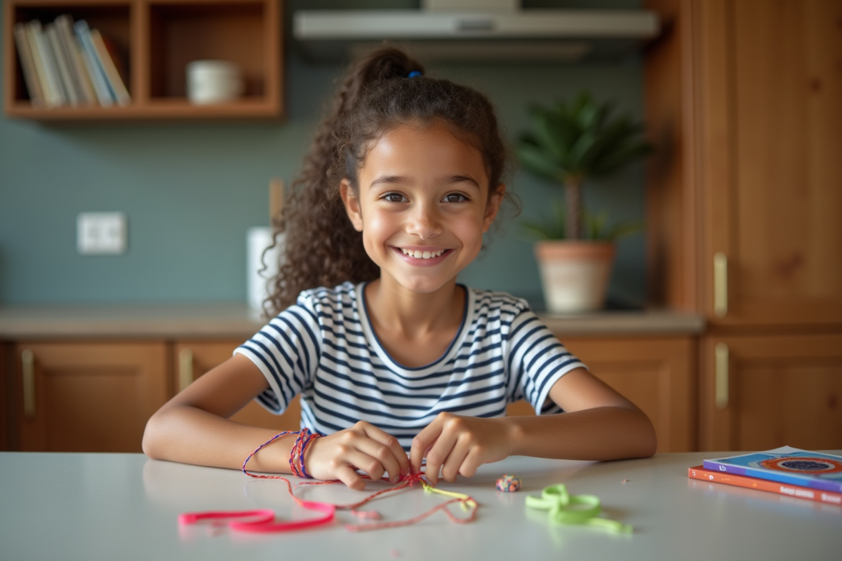 Fille de 12 ans créant des bracelets dans la cuisine