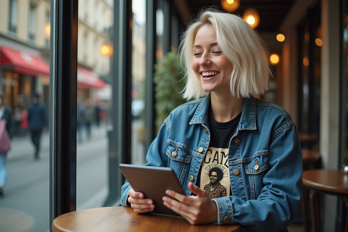 Jeune créatrice assise au café à Paris avec tablette